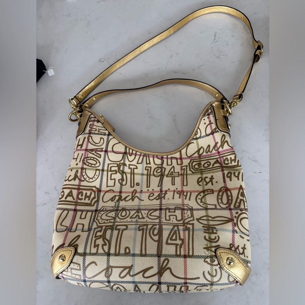 Coach Tattersall Shoulder Bag Gold Graffiti Hobo Bag Canvas Purse Handbag F13309